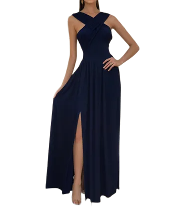 Vestido Casual Maxivestido Azul Marino Cruzado y Offshoulder con Abertura en pierna Suelto Preciosa Caida	