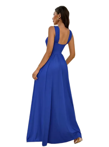 Vestido Casual Maxivestido Azul Rey Cruzado y Offshoulder con Abertura en pierna Suelto Preciosa Caida	