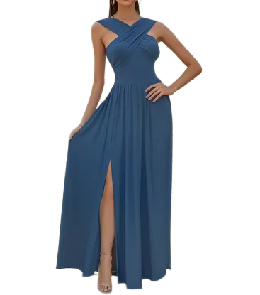 Vestido Casual Maxivestido Azul Acero Cruzado y Offshoulder con Abertura en pierna Suelto Preciosa Caida	
