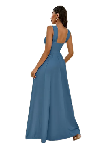 Vestido Casual Maxivestido Azul Acero Cruzado y Offshoulder con Abertura en pierna Suelto Preciosa Caida	
