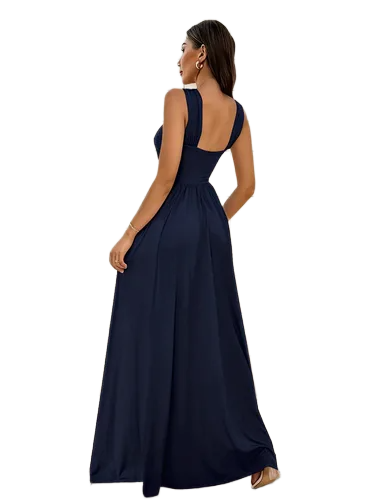 Vestido Casual Maxivestido Azul Marino Cruzado y Offshoulder con Abertura en pierna Suelto Preciosa Caida	