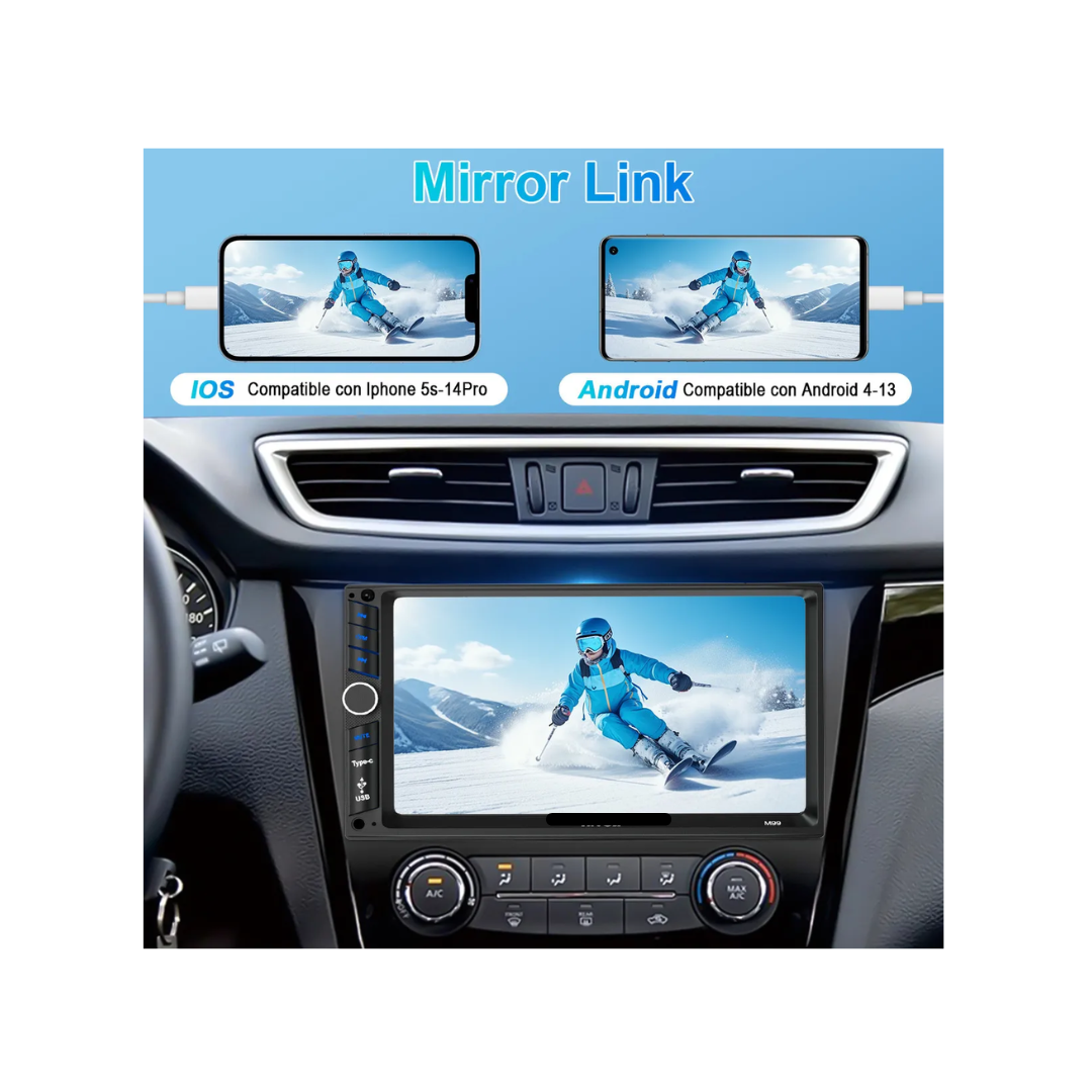 Autoestéreo 7" MP5 1Din Pantalla Táctil Mirrorlink Bluetooth USB Tipo-C FM con Cámara Reproductor Multimedia 4x60W