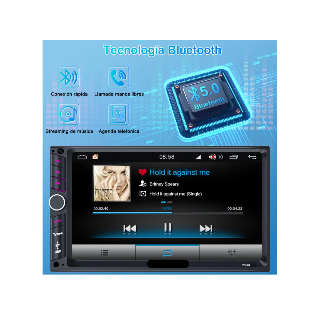Autoestéreo 7" MP5 1Din Pantalla Táctil Mirrorlink Bluetooth USB Tipo-C FM con Cámara Reproductor Multimedia 4x60W