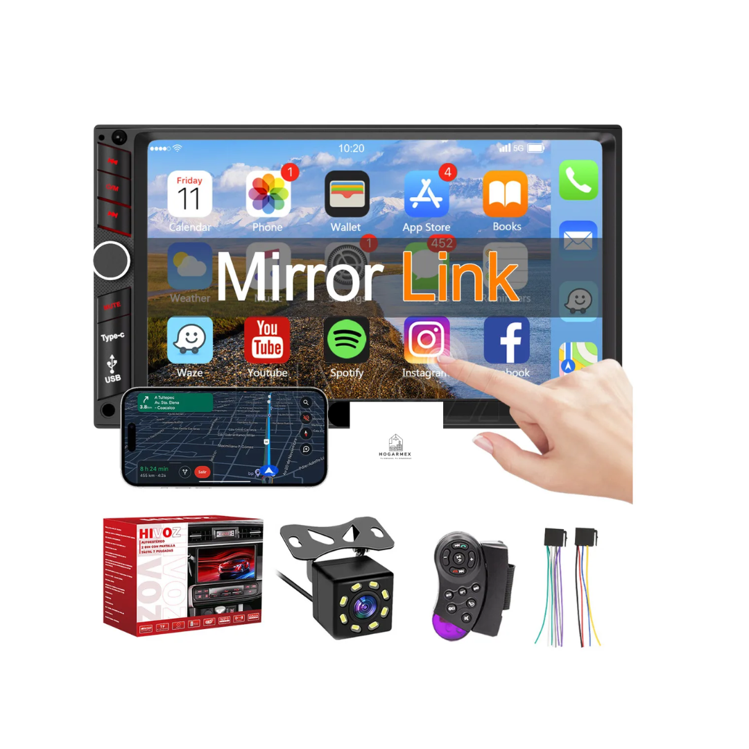 Autoestéreo 7" MP5 1Din Pantalla Táctil Mirrorlink Bluetooth USB Tipo-C FM con Cámara Reproductor Multimedia 4x60W