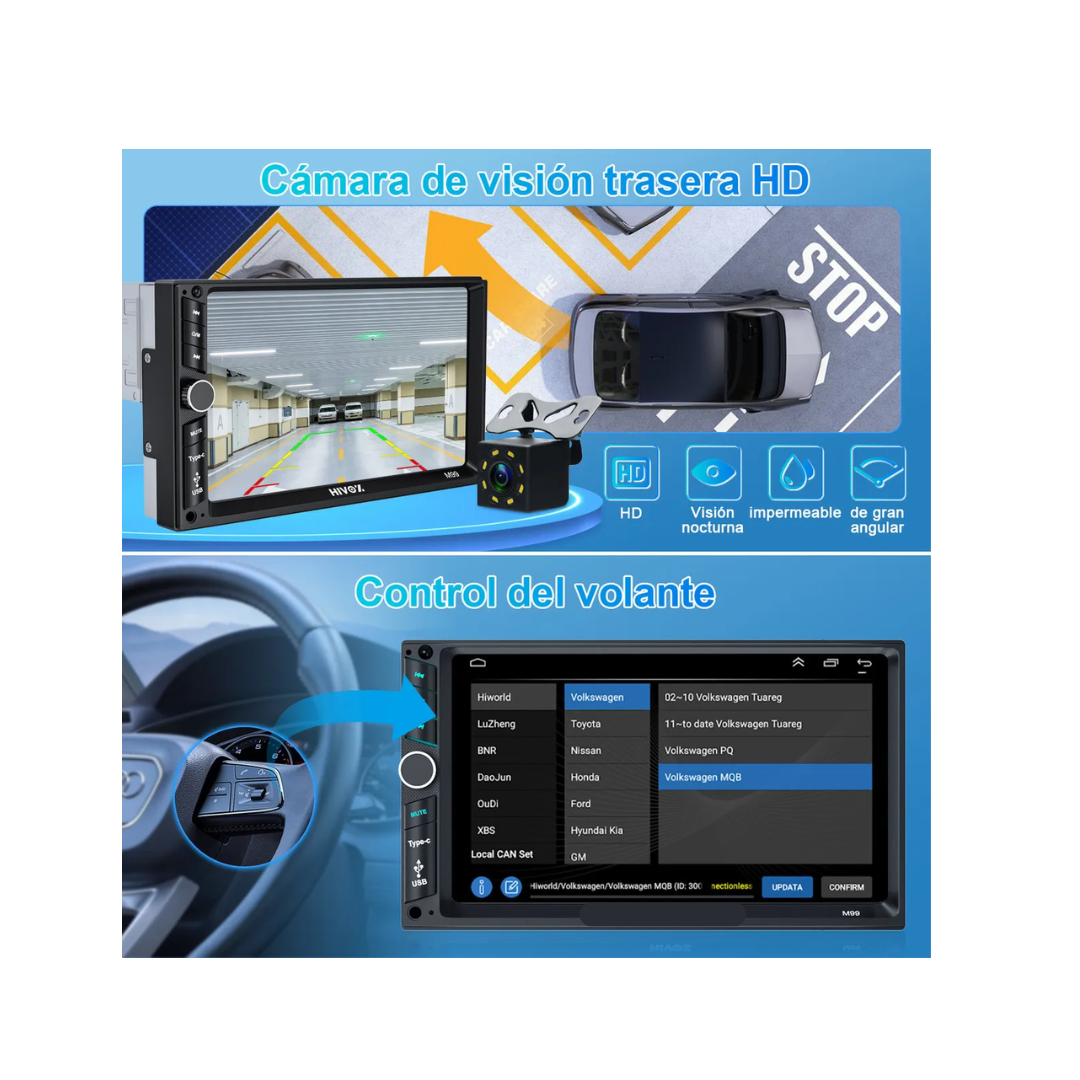 Autoestéreo 7" MP5 1Din Pantalla Táctil Mirrorlink Bluetooth USB Tipo-C FM con Cámara Reproductor Multimedia 4x60W