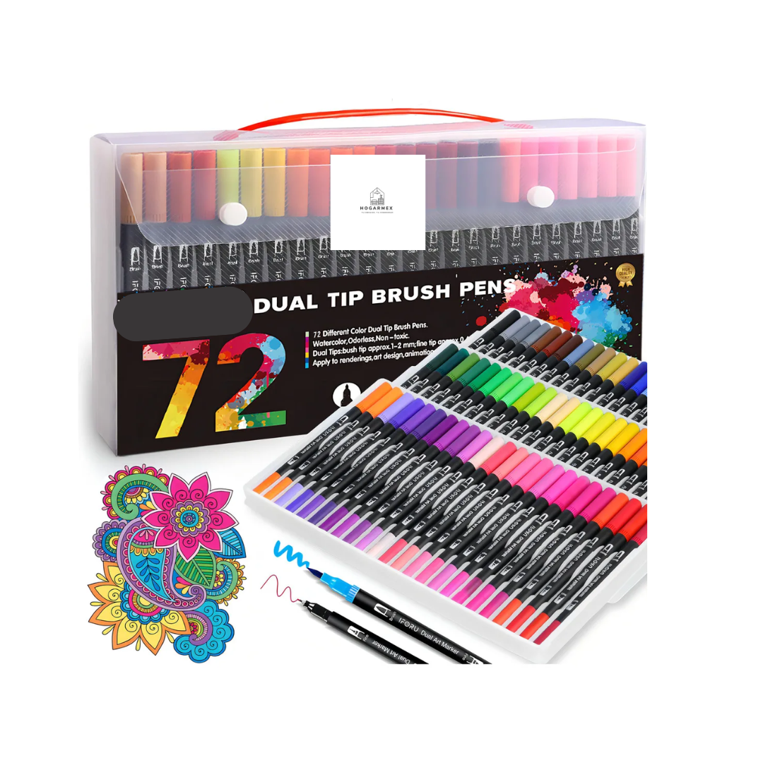 Set de 72 Plumones Doble Punta Pincel – Colores Vivos para Arte, Diseño y Escuela
