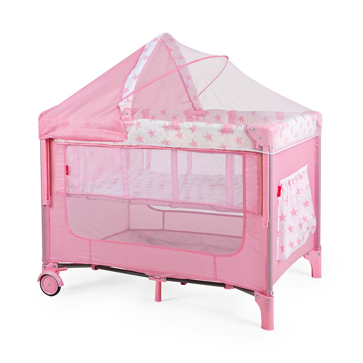 Cuna Colecho D’Bebé con 2 Niveles Mosquitero Acolchonado para 0 hasta los 36 meses Capota y Ruedas con Freno - Rosa