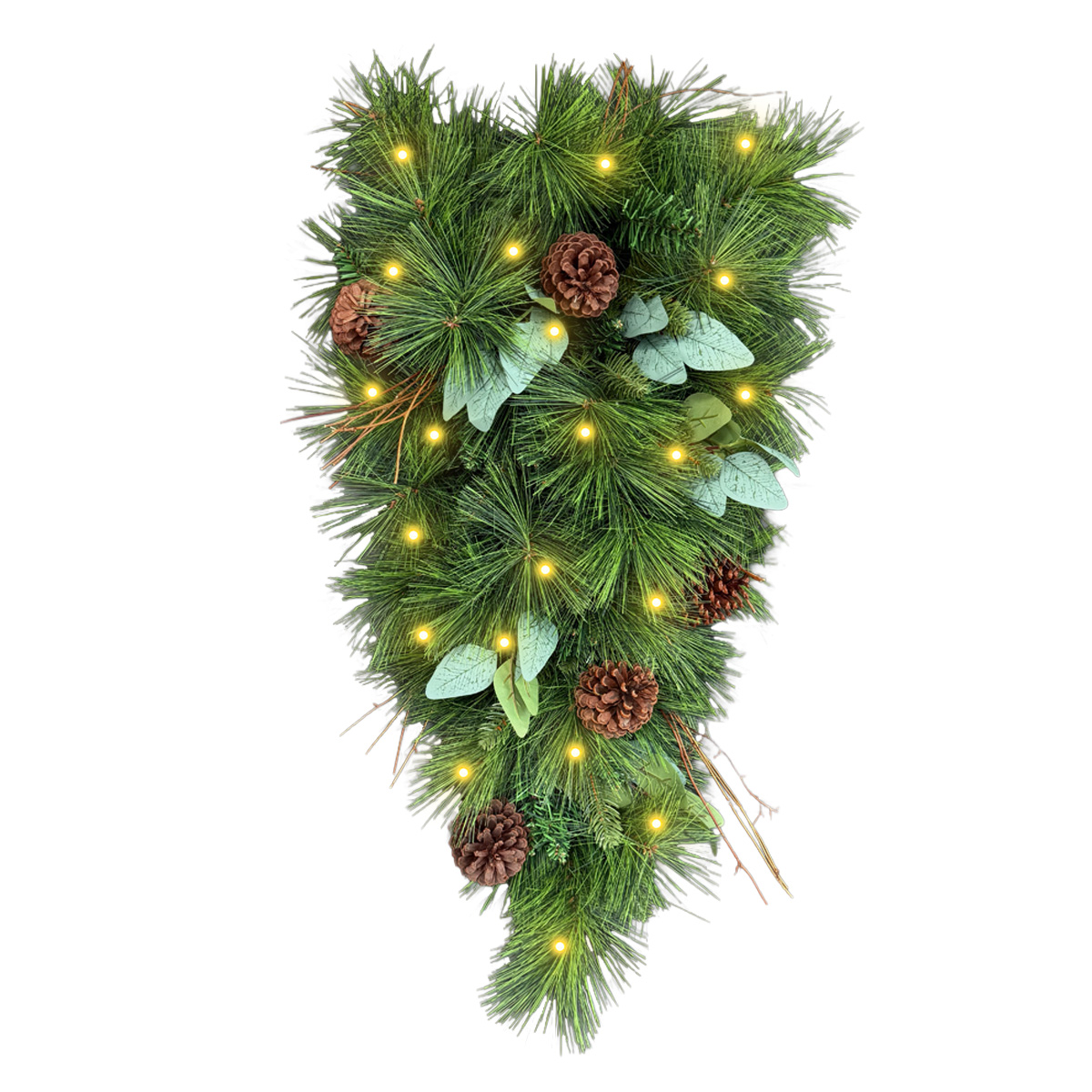 Corona de Navidad 70cm Frontier premium Teardrop Swag Iluminada Natural Ramas secas Follaje Verde Decorada Puerta