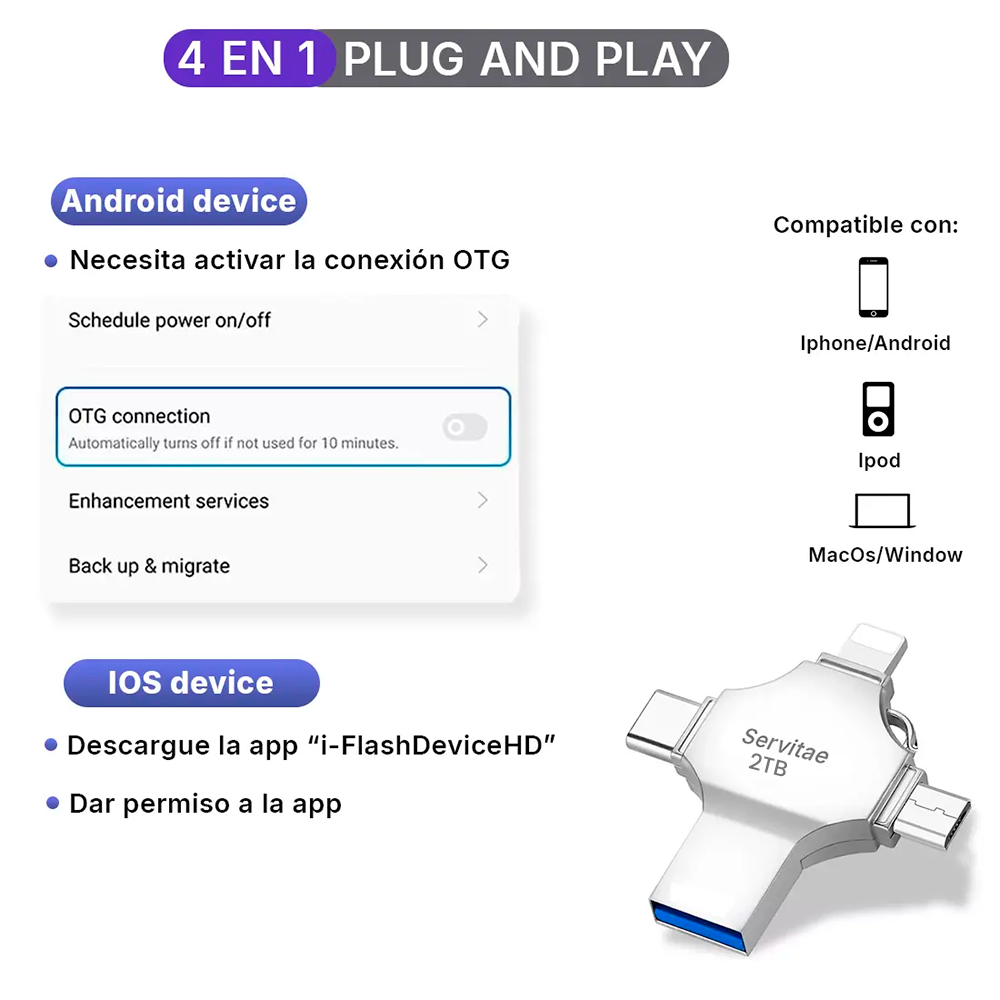 Memoria Otg 4 En 1 iPhone Android iPad Pc Usb-c Lighting 2tb