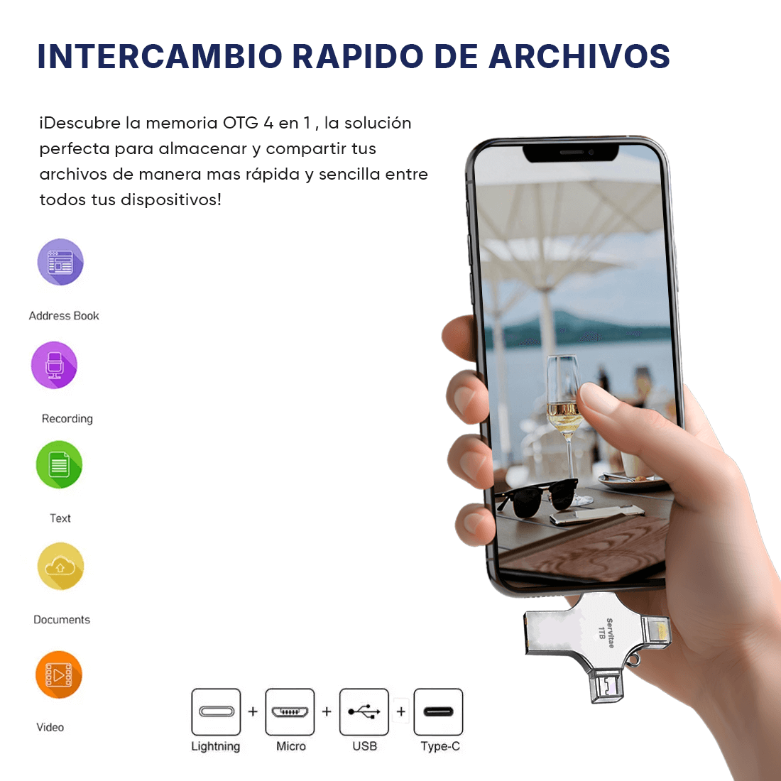 Memoria Otg 4 En 1 iPhone Android iPad Pc Usb-c Lighting 2tb