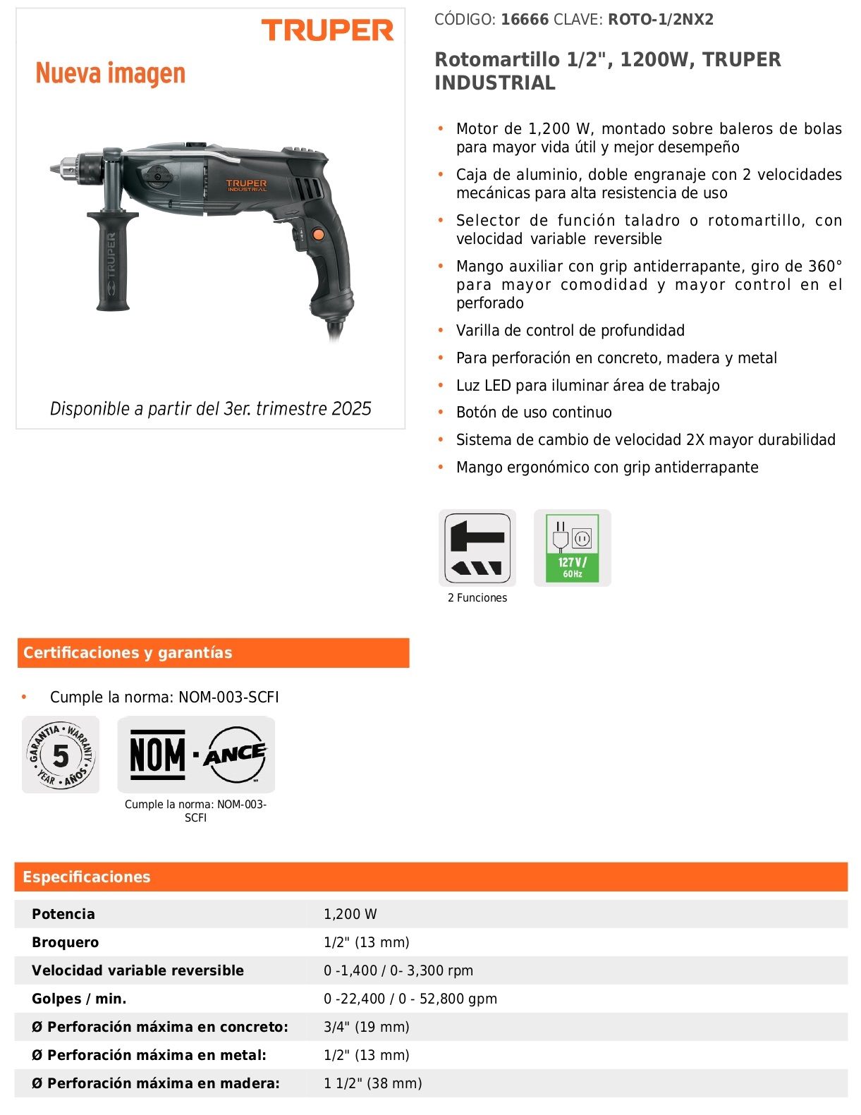 Rotomartillo 1/2", 1200W, TRUPER INDUSTRIAL