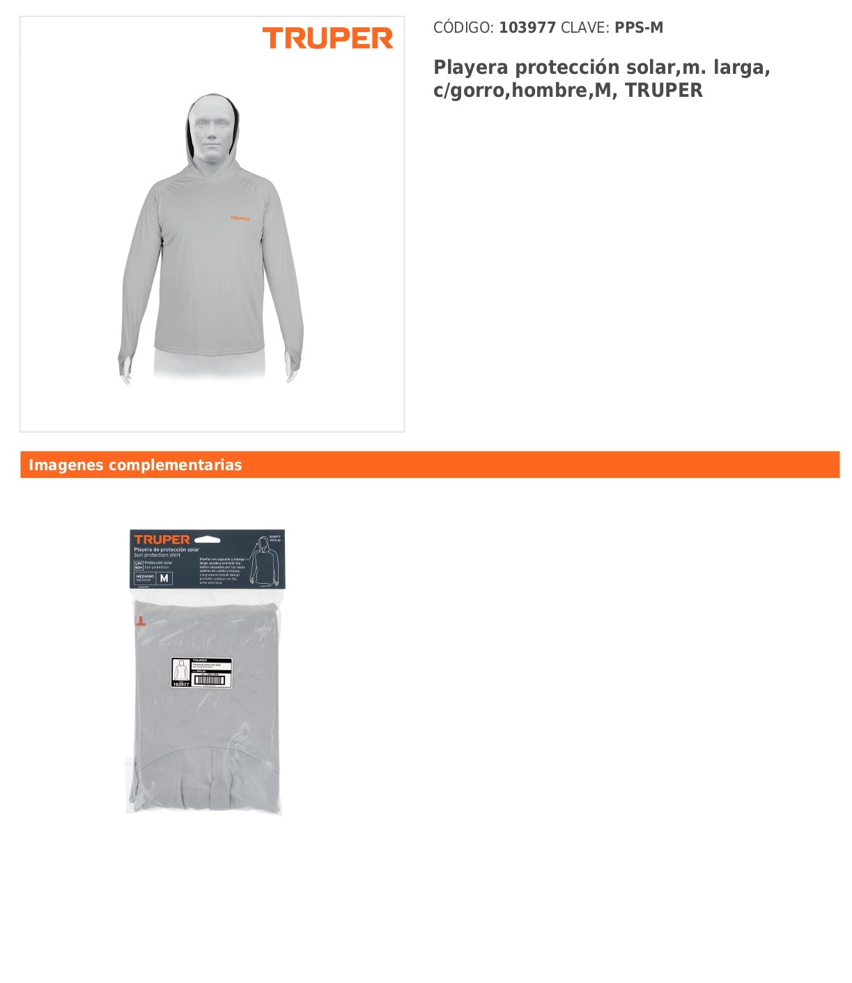 Playera protección solar,m. larga, c/gorro,hombre,M, TRUPER