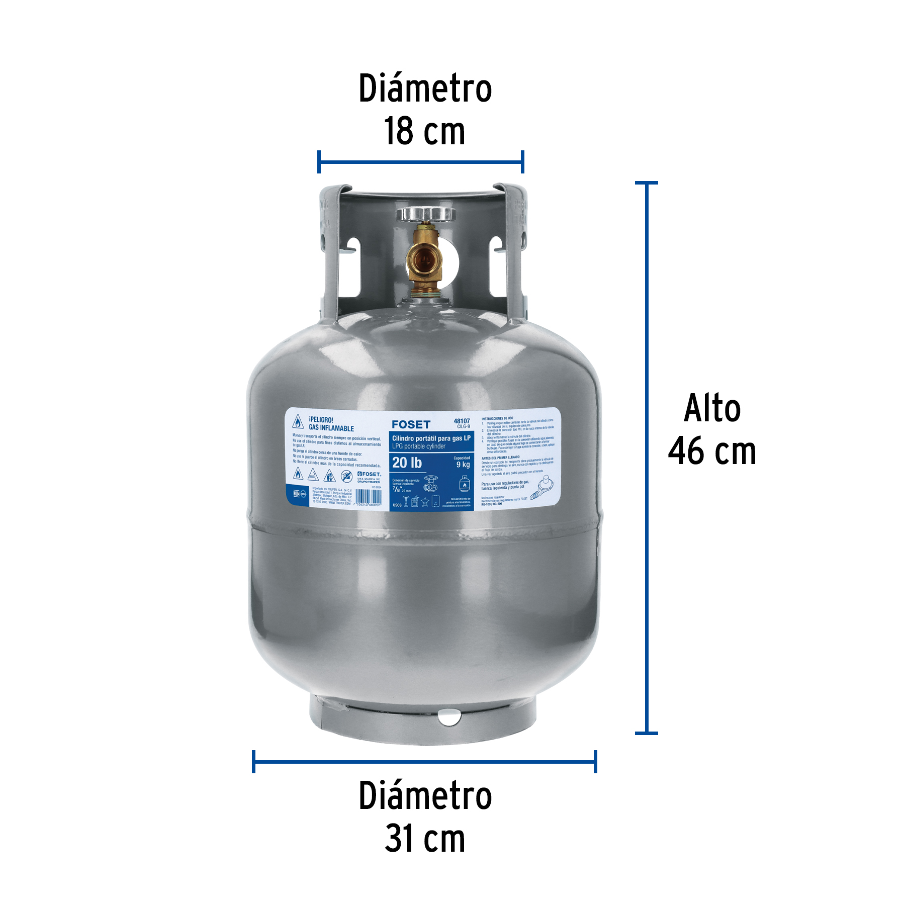 Cilindro portátil para gas LP, 20lb (9kg) FOSET