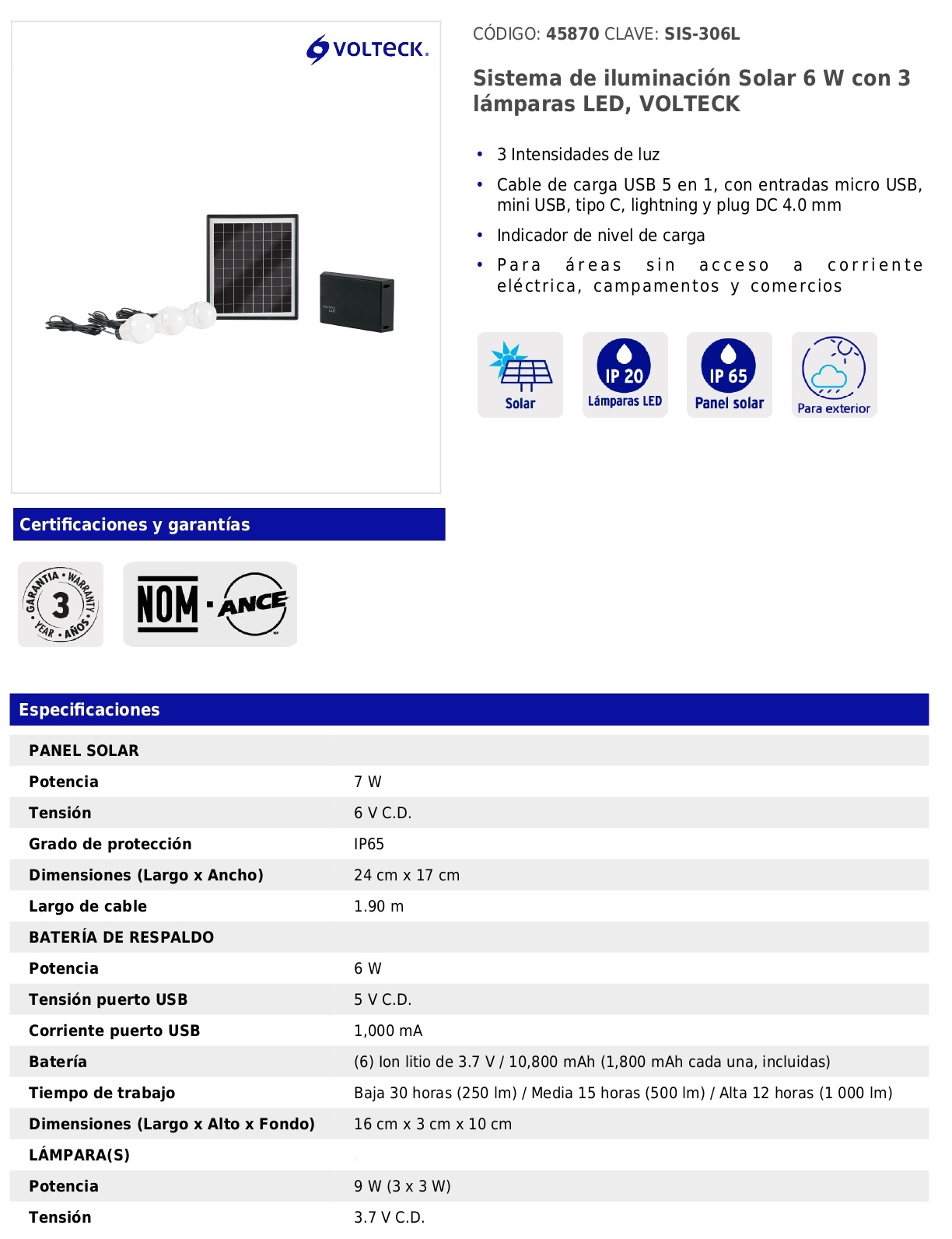 Sistema de iluminación Solar 6 W con 3 lámparas LED, VOLTECK