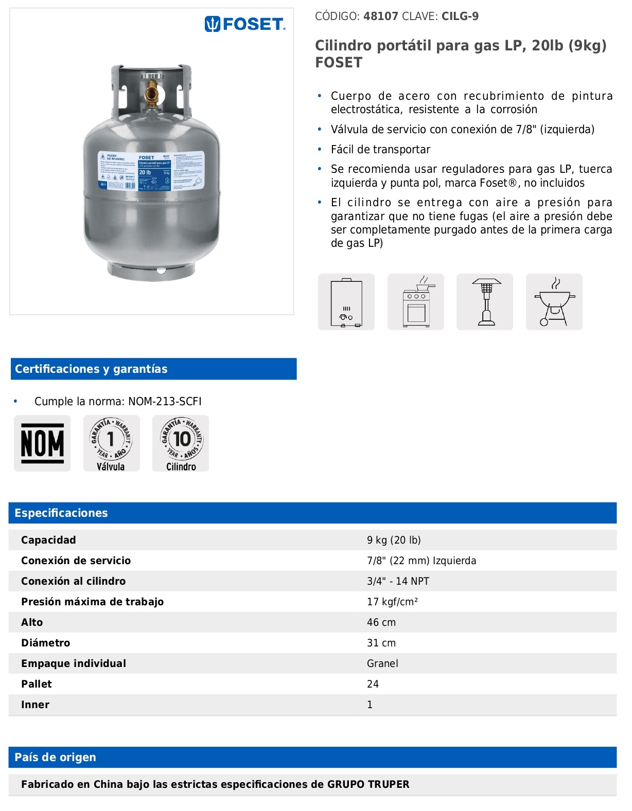 Cilindro portátil para gas LP, 20lb (9kg) FOSET
