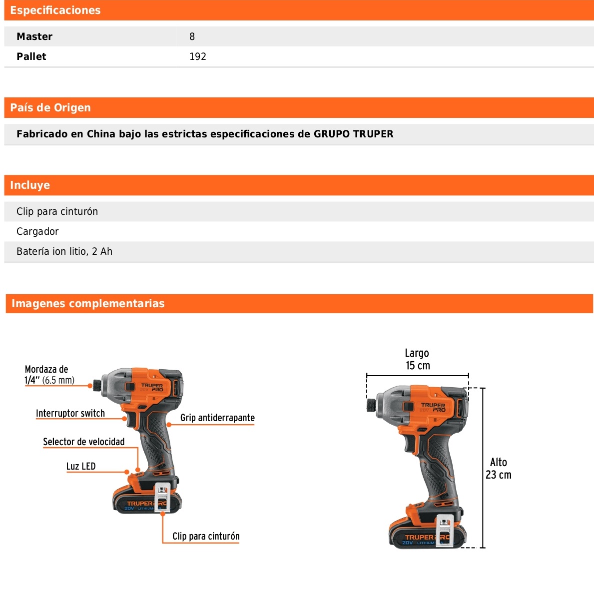 Destornillador de impacto 1/4", 20V, 1 batería 2Ah, PRO