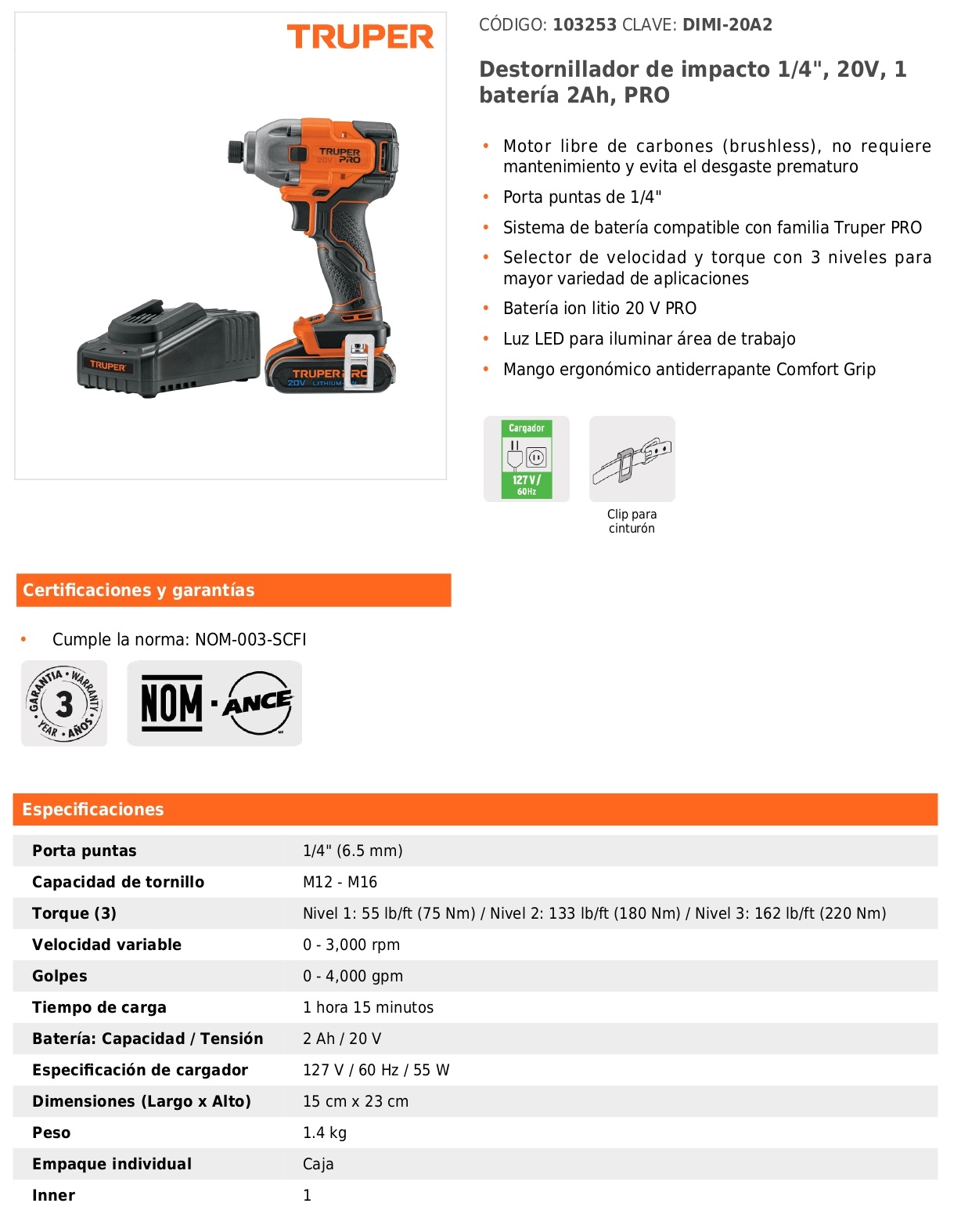 Destornillador de impacto 1/4", 20V, 1 batería 2Ah, PRO