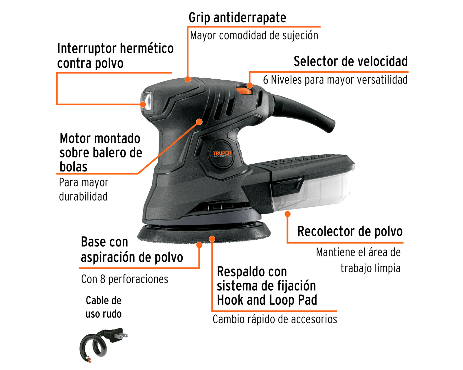 Lijadora roto orbital 5', 260W, modelo LIRO-5N marca TRUPER INDUSTRIAL