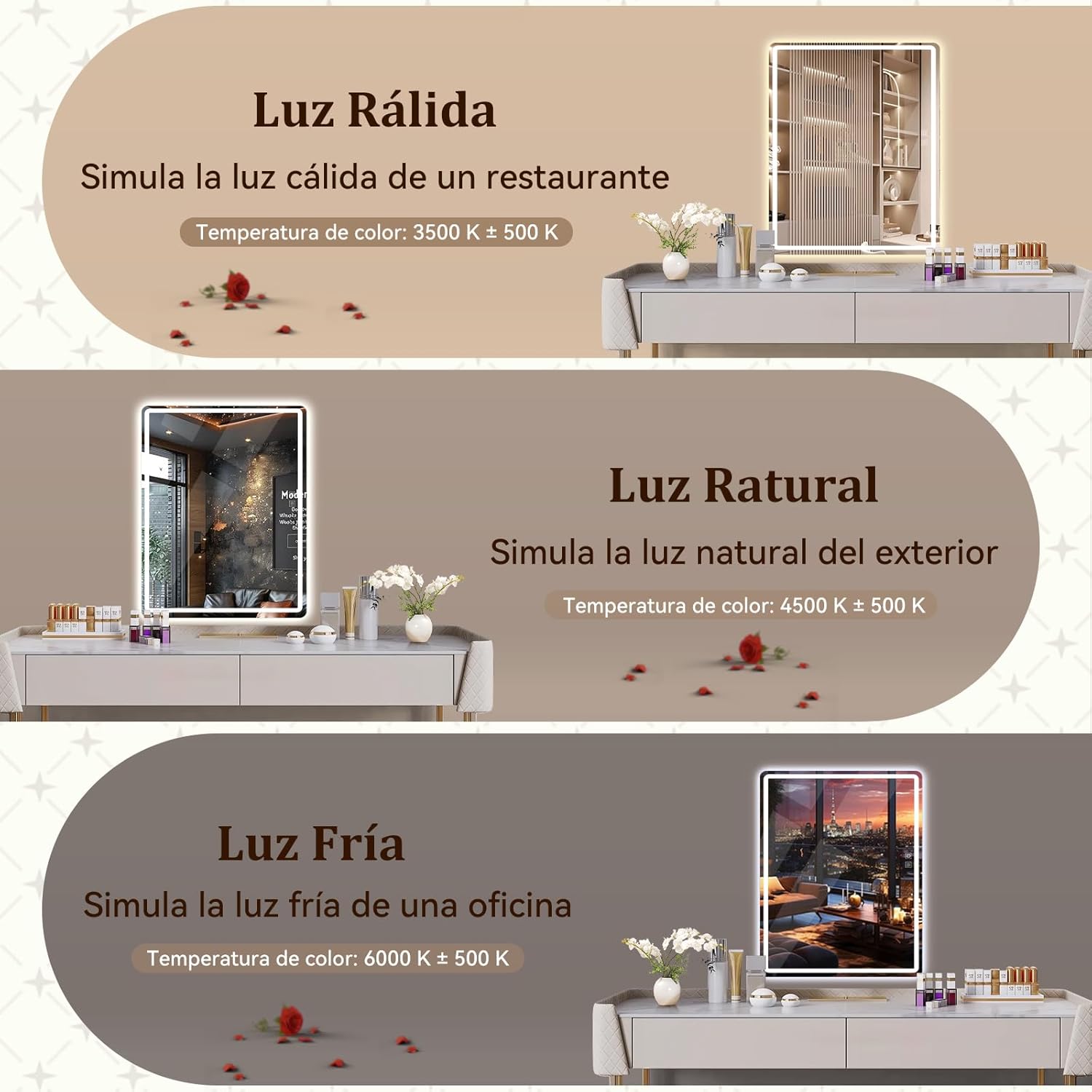 Espejo para Baño con luz LED, Espejo de Maquillaje, 40 x 60 cm,  Pantalla Táctil con desempañado HD, Regulable 3 Colores