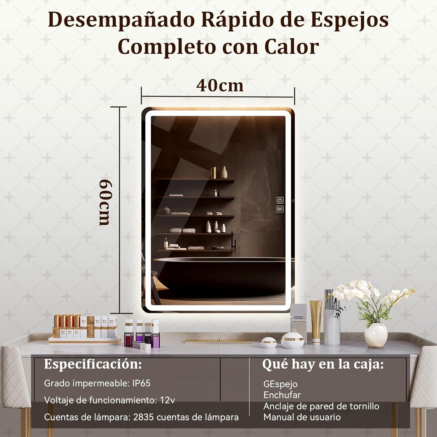 Espejo para Baño con luz LED, Espejo de Maquillaje, 40 x 60 cm,  Pantalla Táctil con desempañado HD, Regulable 3 Colores