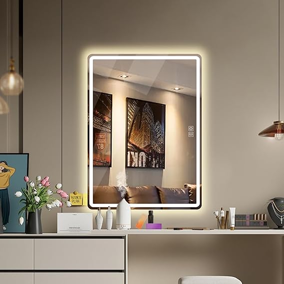 Espejo para Baño con luz LED, Espejo de Maquillaje, 40 x 60 cm,  Pantalla Táctil con desempañado HD, Regulable 3 Colores