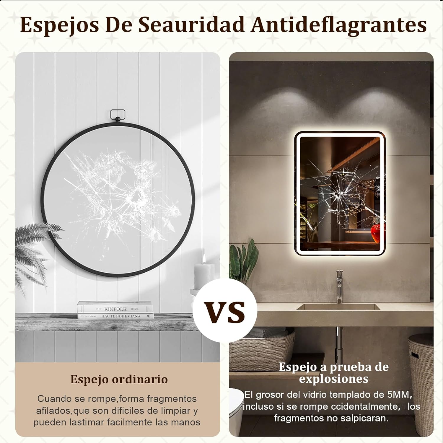 Espejo para Baño con luz LED, Espejo de Maquillaje, 40 x 60 cm,  Pantalla Táctil con desempañado HD, Regulable 3 Colores