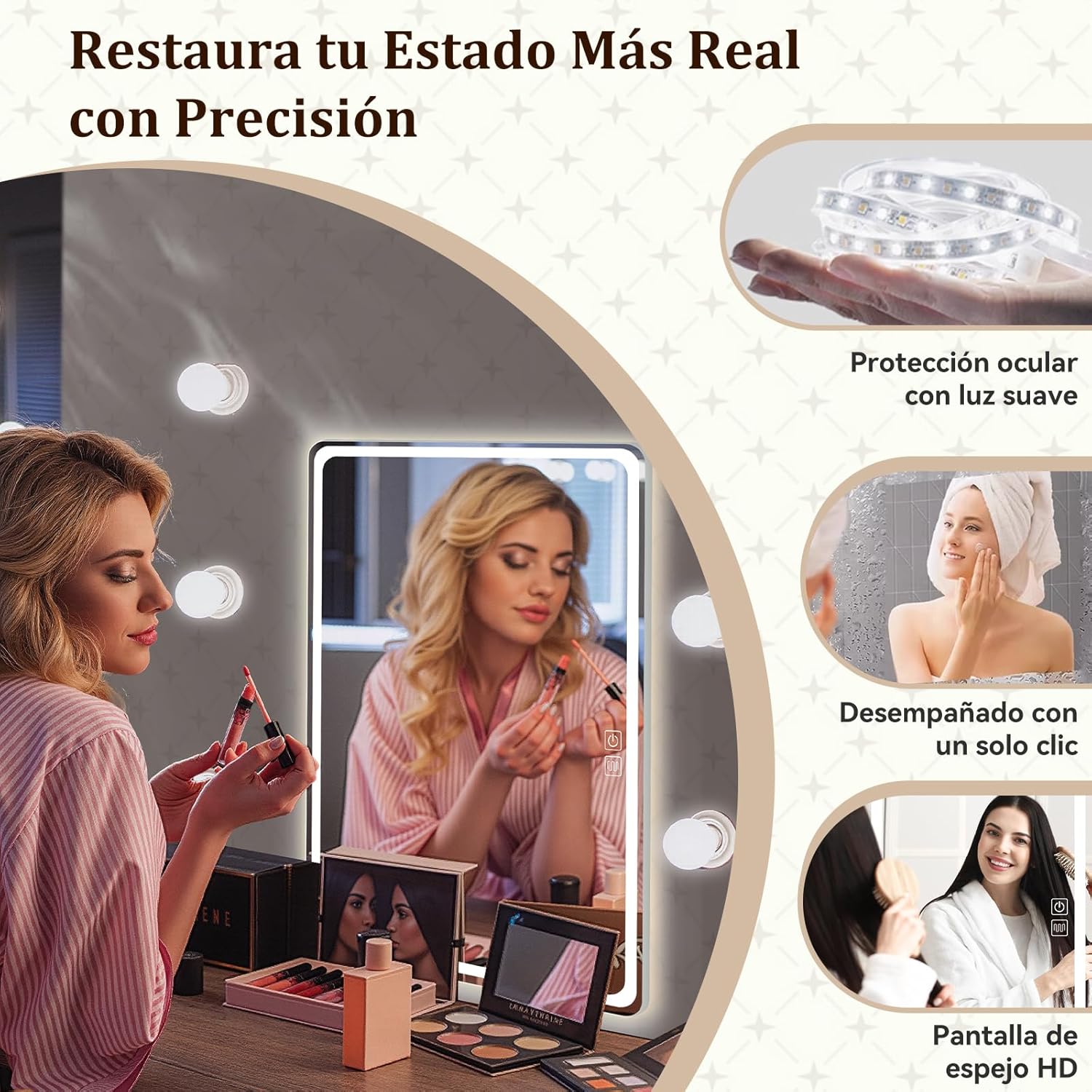 Espejo para Baño con luz LED, Espejo de Maquillaje, 40 x 60 cm,  Pantalla Táctil con desempañado HD, Regulable 3 Colores