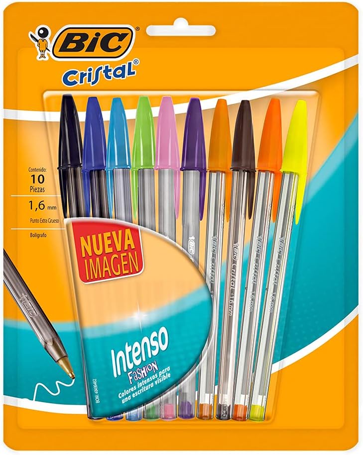 BIC Bolígrafo Cristal Intenso Punto Extra Grueso 1.6mm Escritura Tipo Gel Trazos Suaves Escritura más Visible 10 Piezas