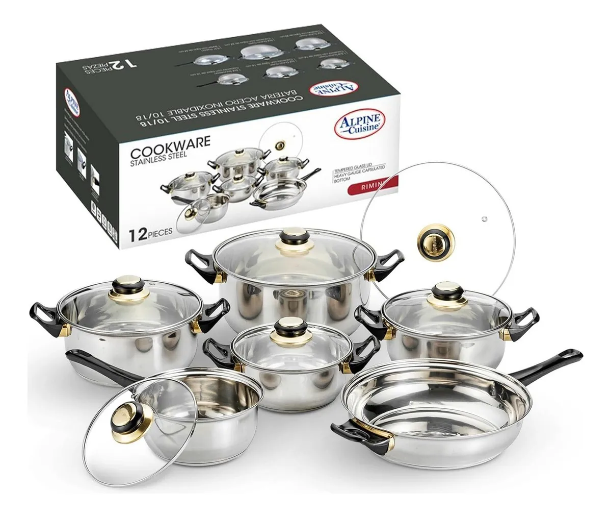 Bateria De Cocina 12 Piezas Alpine Cuisine Acero Inox 10/18