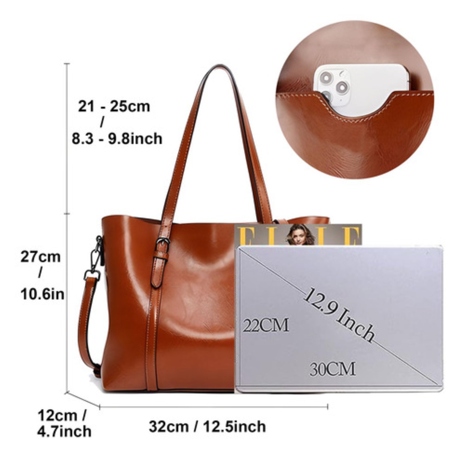 Bolsa De Mano Hombro Mujer Piel Bolso Interior Resistente Cafe