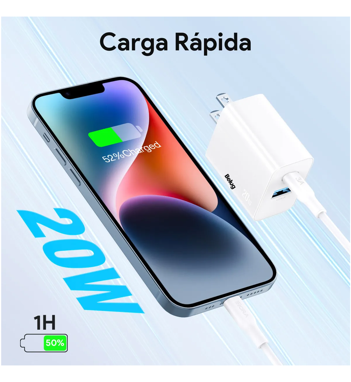 Cargador para iPhone 20W Carga Rápida Dual Salida USB C & USB Belug Blanco