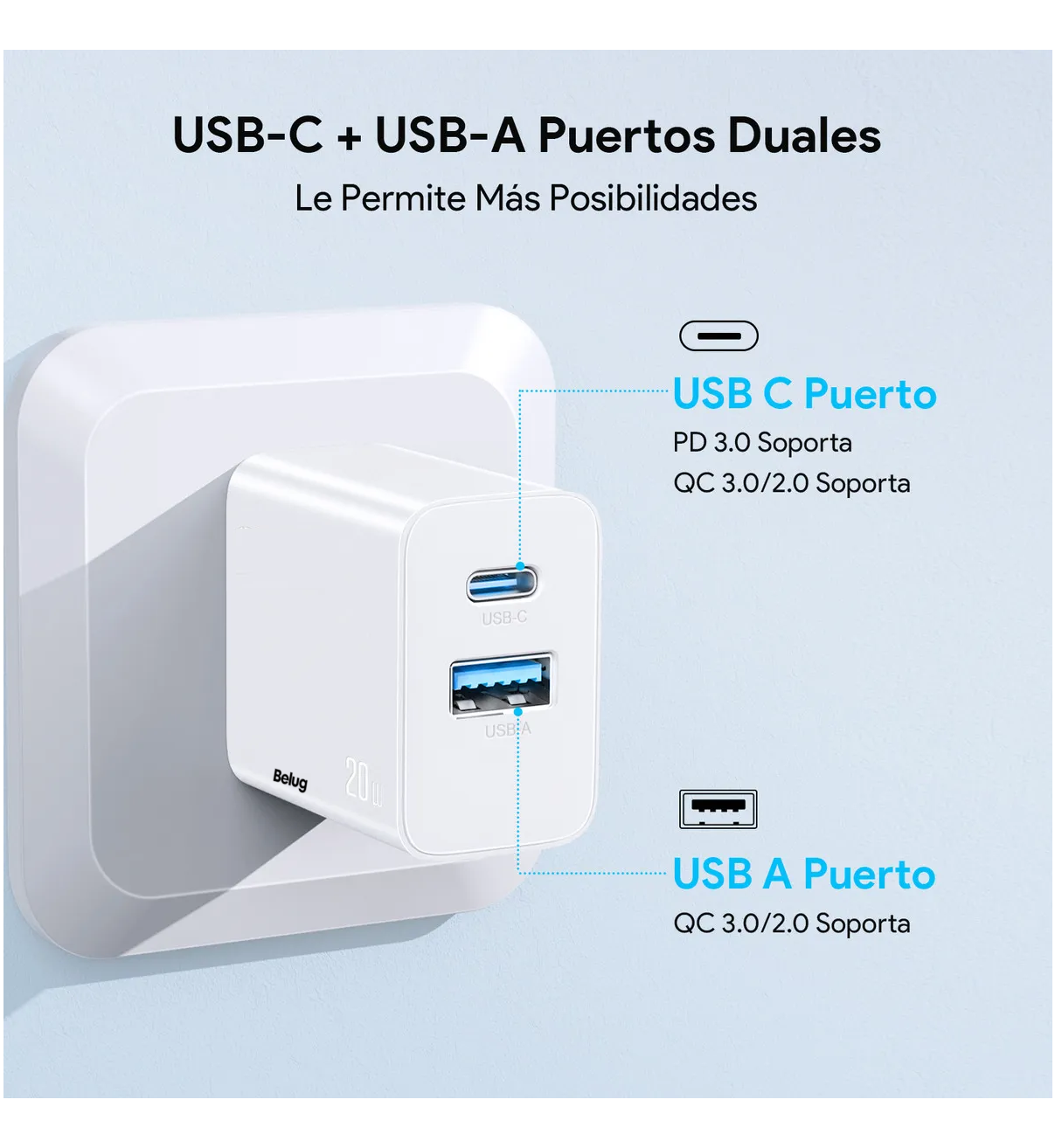 Cargador para iPhone 20W Carga Rápida Dual Salida USB C & USB Belug Blanco