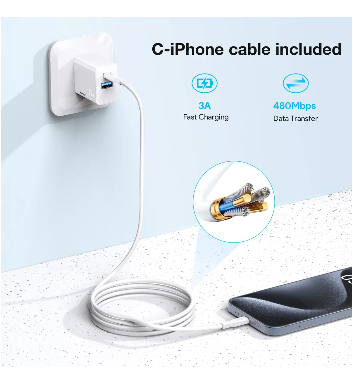 Cargador para iPhone 20W Carga Rápida Dual Salida USB C & USB Belug Blanco