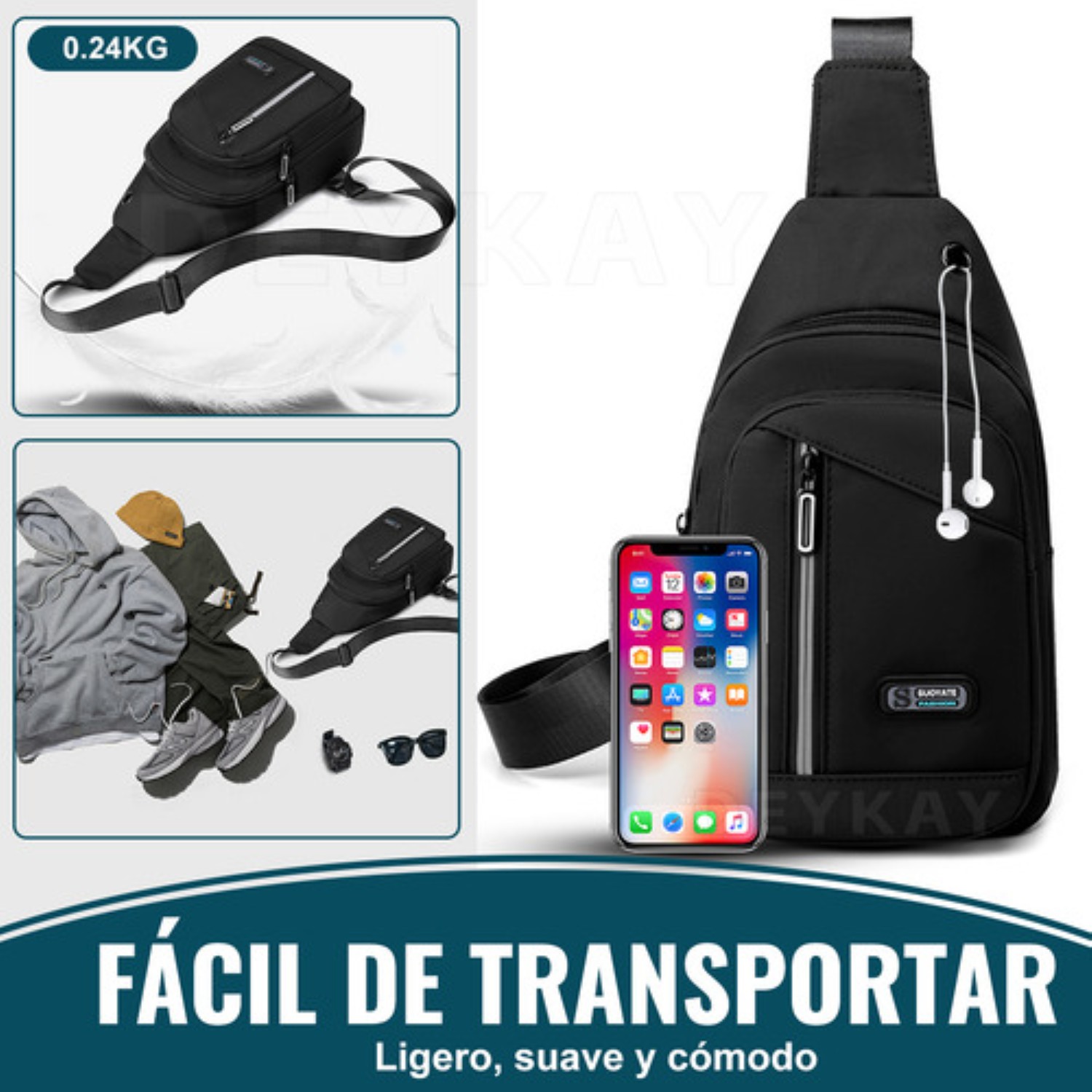 Mochila MENSAJERO Impermeable Multifunción Cruzada Hombro Negro