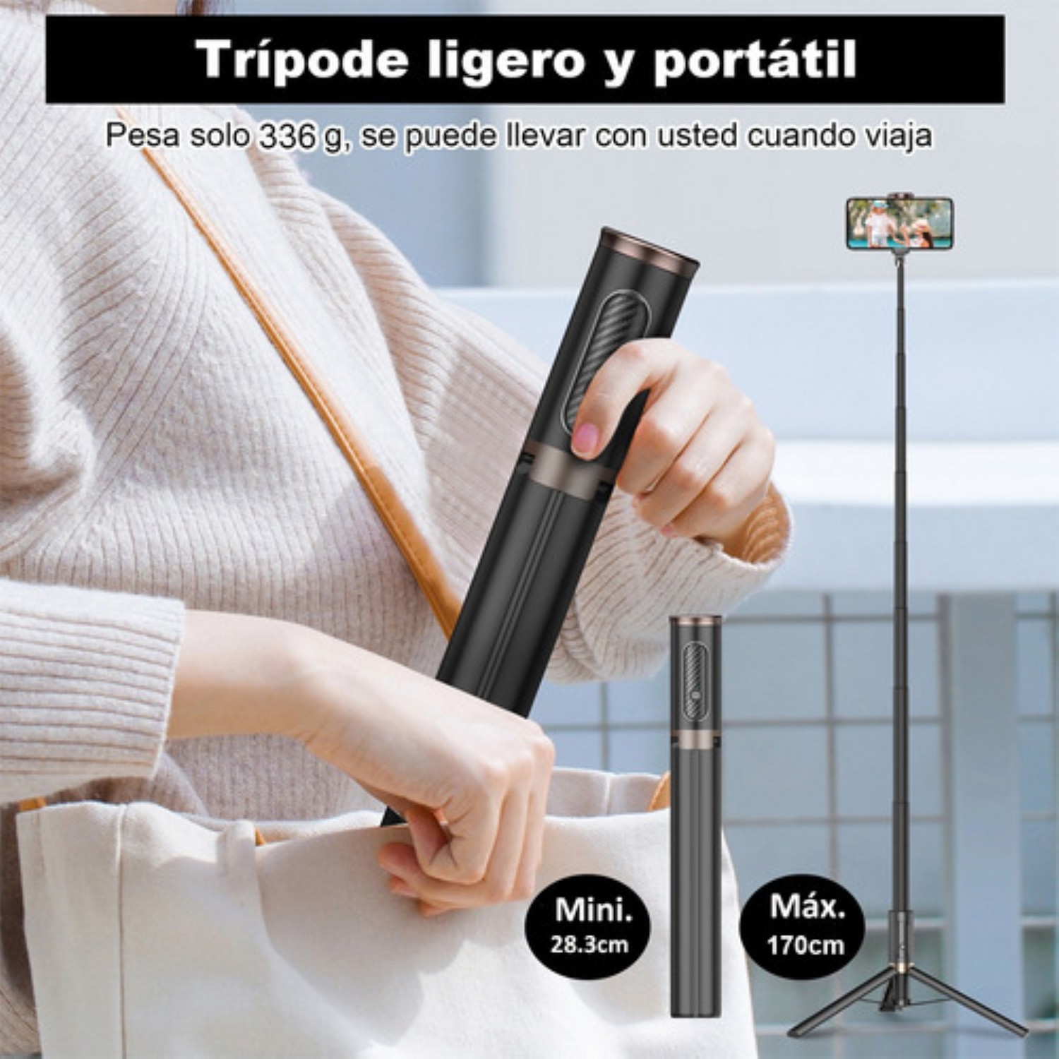 60in Tripode Para Selfie Stick Portátil Para Telefono Negro