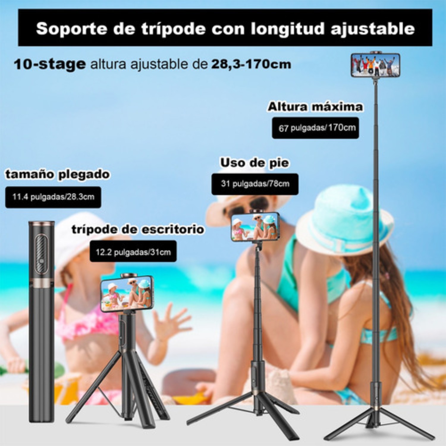 60in Tripode Para Selfie Stick Portátil Para Telefono Negro
