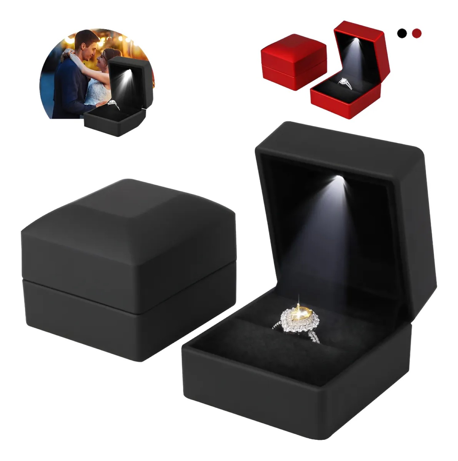 Caja Estuche Para Anillo De Compromiso Con Luz Led  Negro