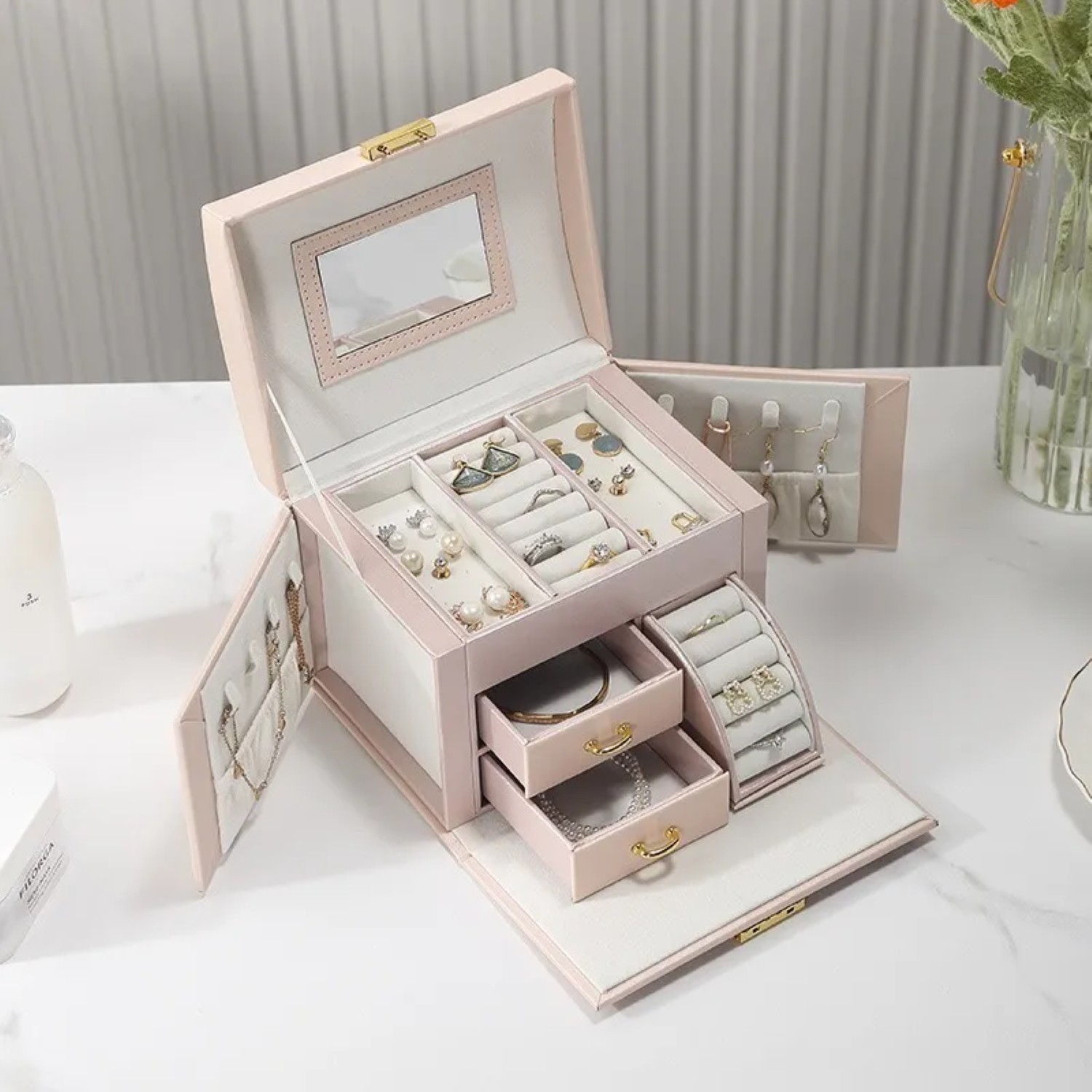 Joyero Organizador De 3 Capas, Cajas De Exhibición De Joyería rosa claro