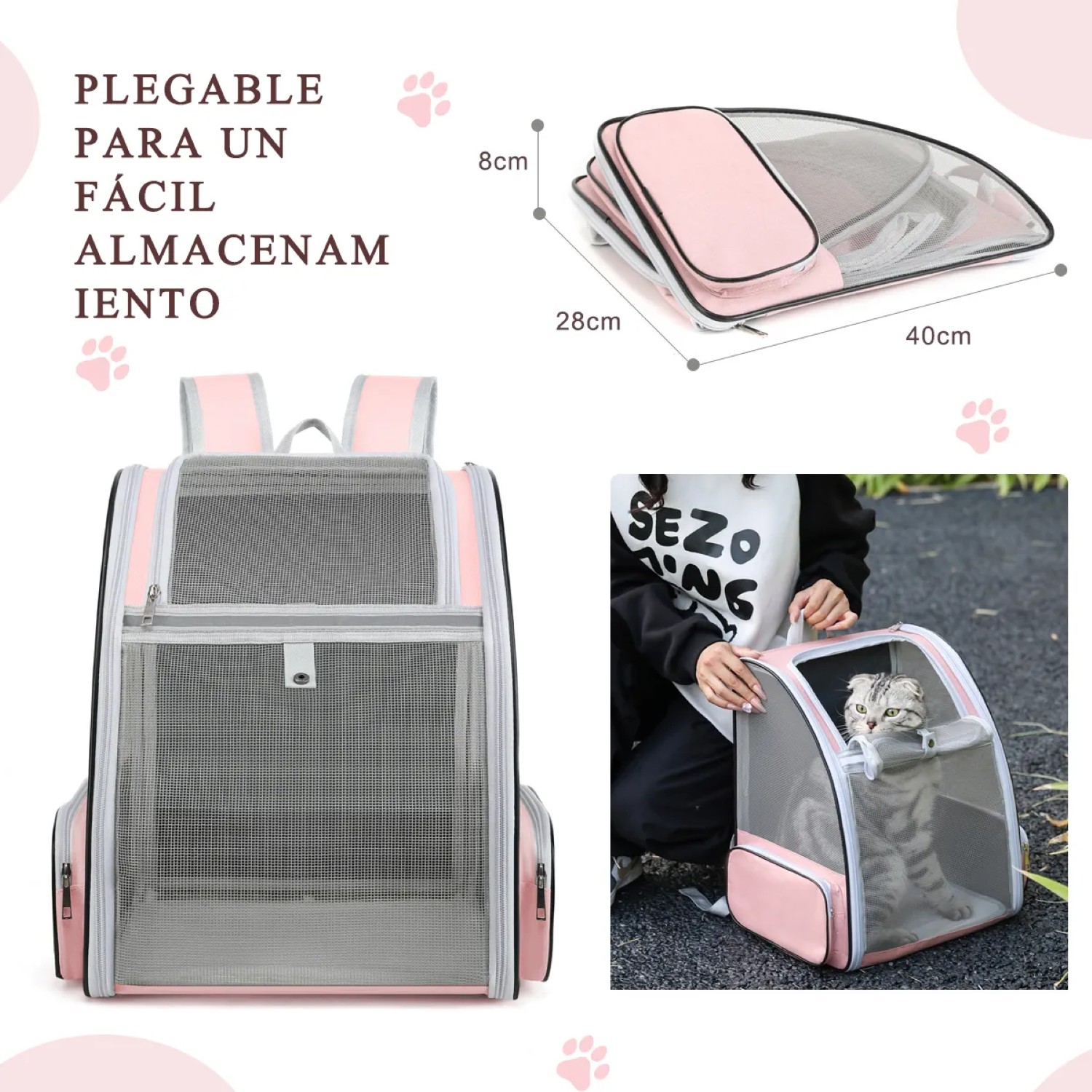 Mochila Transportadora Para Perros/gatos Plegable GRIS Rosa