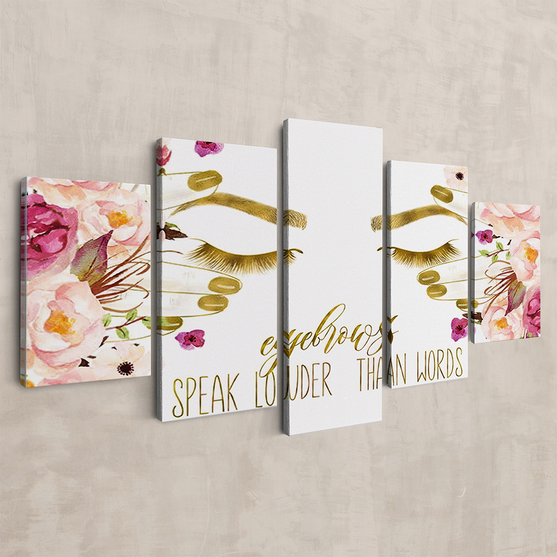 Cuadro Decorativo 5 Piezas Salon De Belleza Cejas Oro 