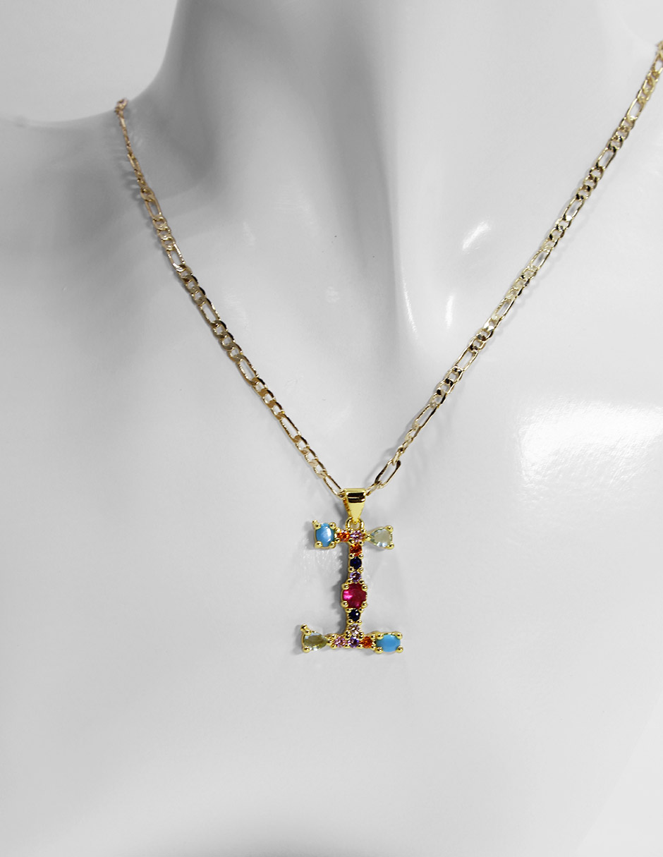 Collar con dije de oro laminado letra colores "I"
