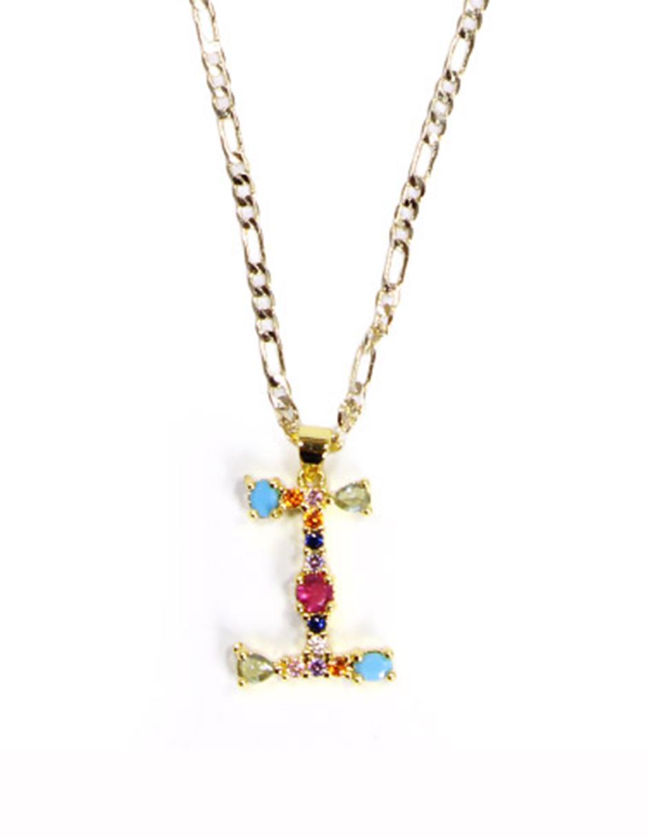 Collar con dije de oro laminado letra colores "I"