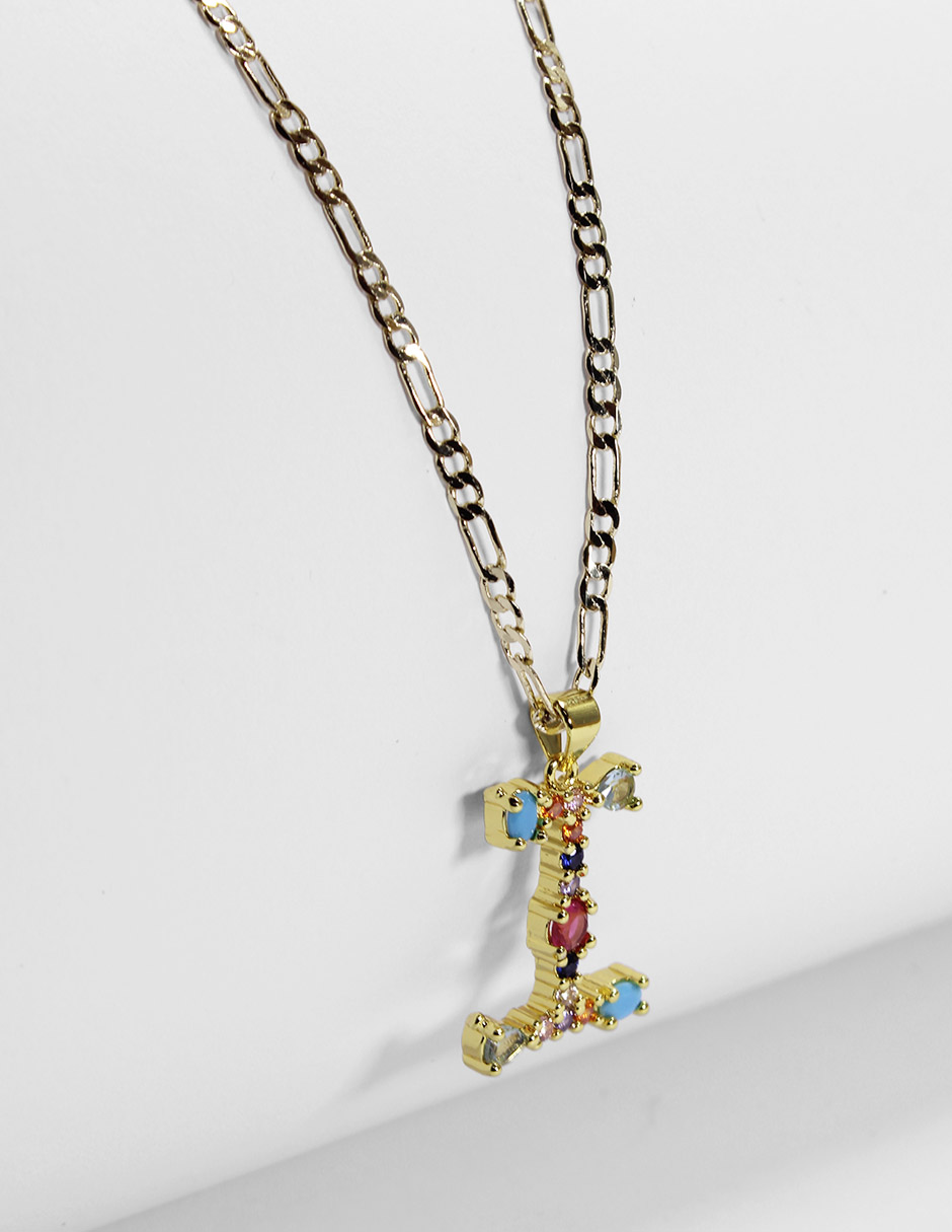 Collar con dije de oro laminado letra colores "I"
