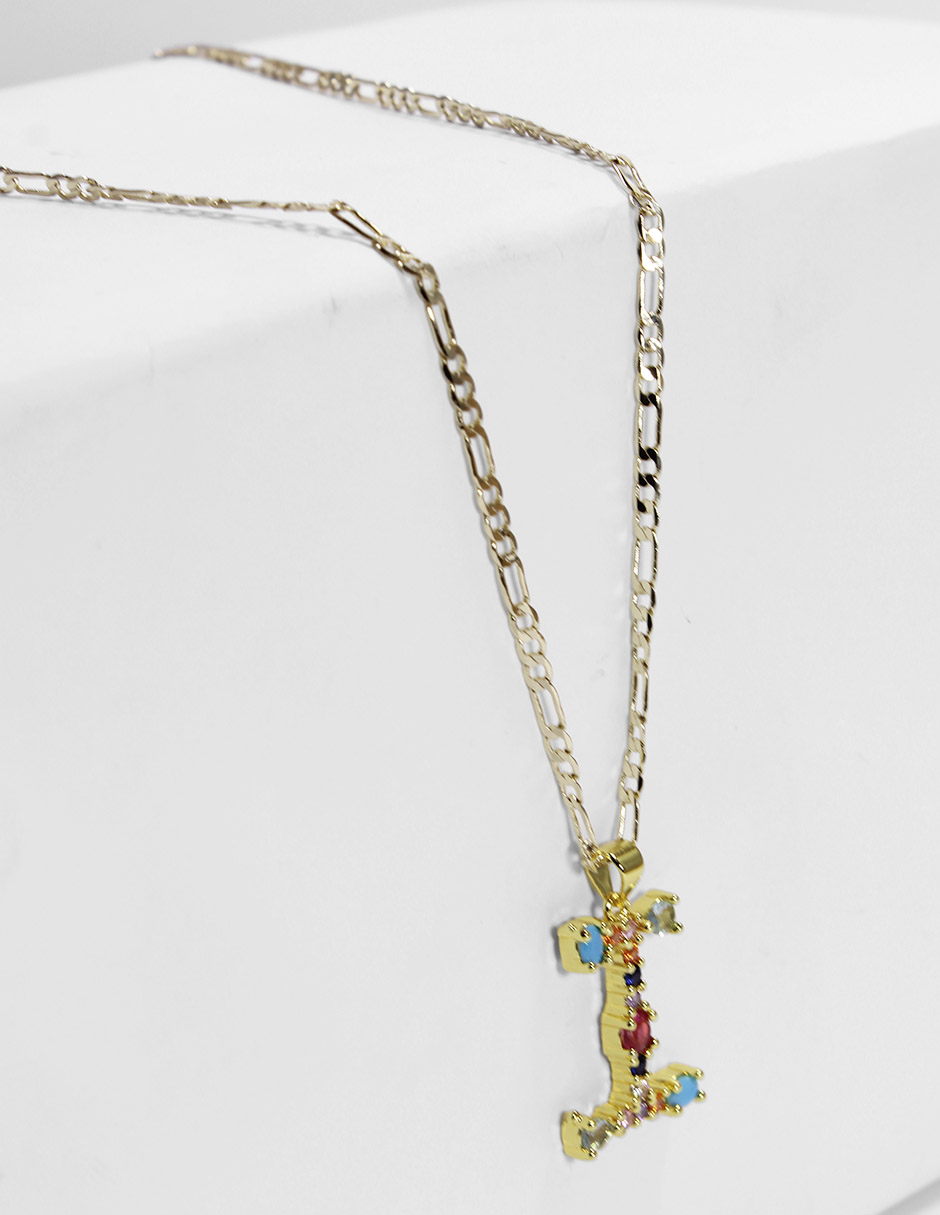 Collar con dije de oro laminado letra colores "I"
