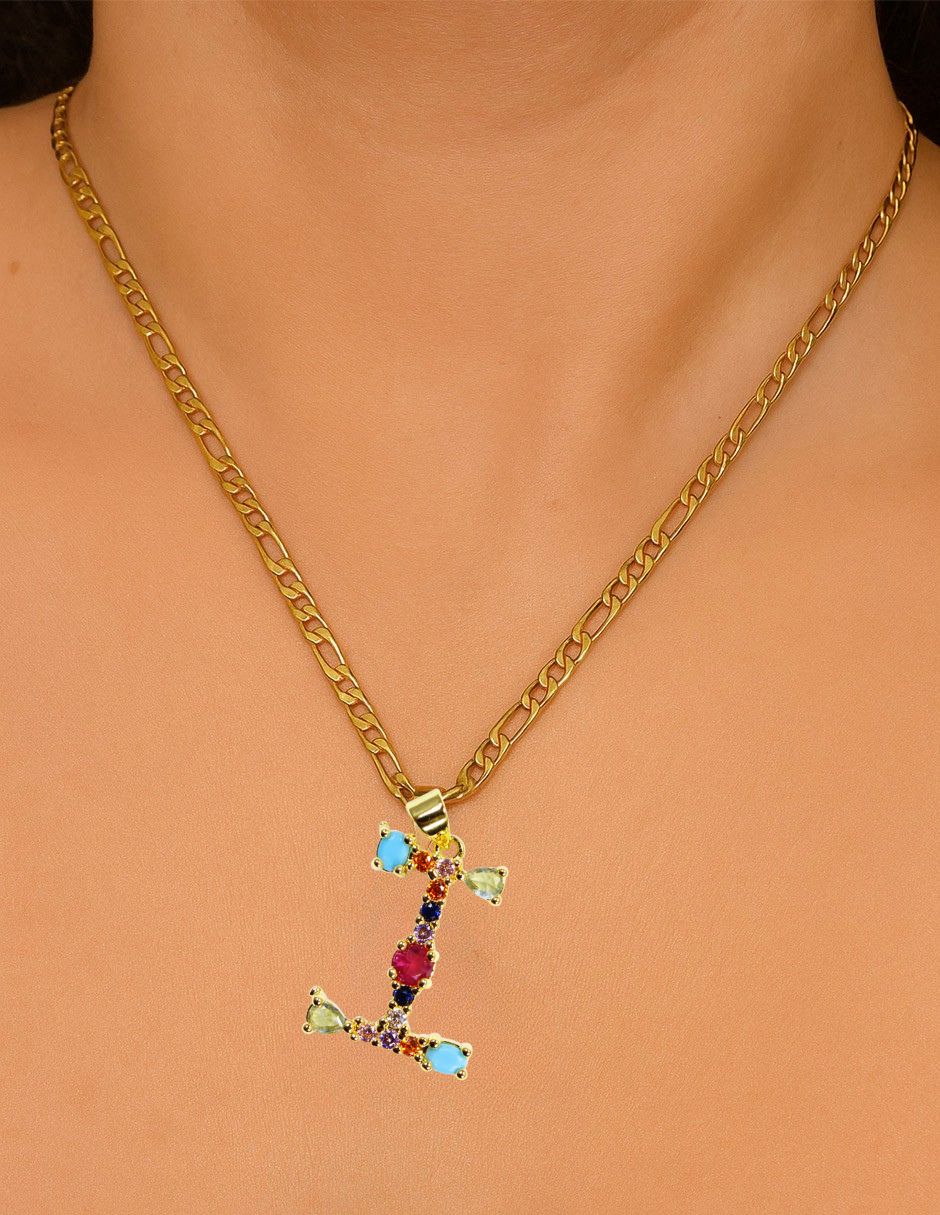 Collar con dije de oro laminado letra colores "I"
