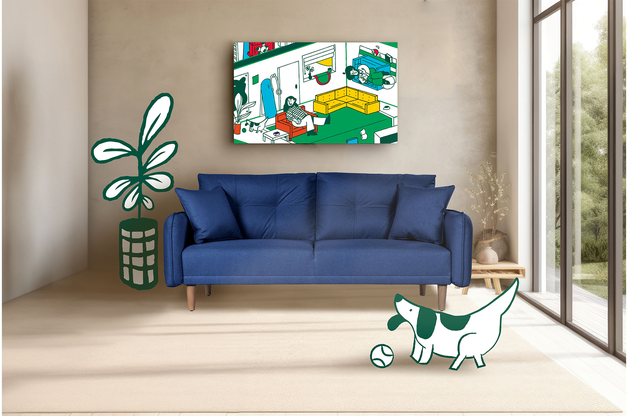 Sofá Cama Makora Brokman Azul Lino De 3 Plazas 