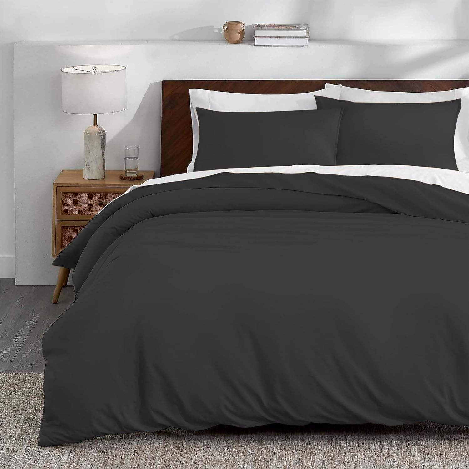 Juego de Funda Duvet para Edredon Matrimonial con Cierre de Botones y 2 Fundas de Almohada, Negro, Bluelander