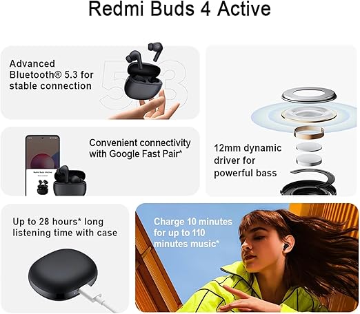 Redmi Buds 4 Active Audífonos Inalámbricos Bluetooth con Resistencia al Agua y Batería de Larga Duración