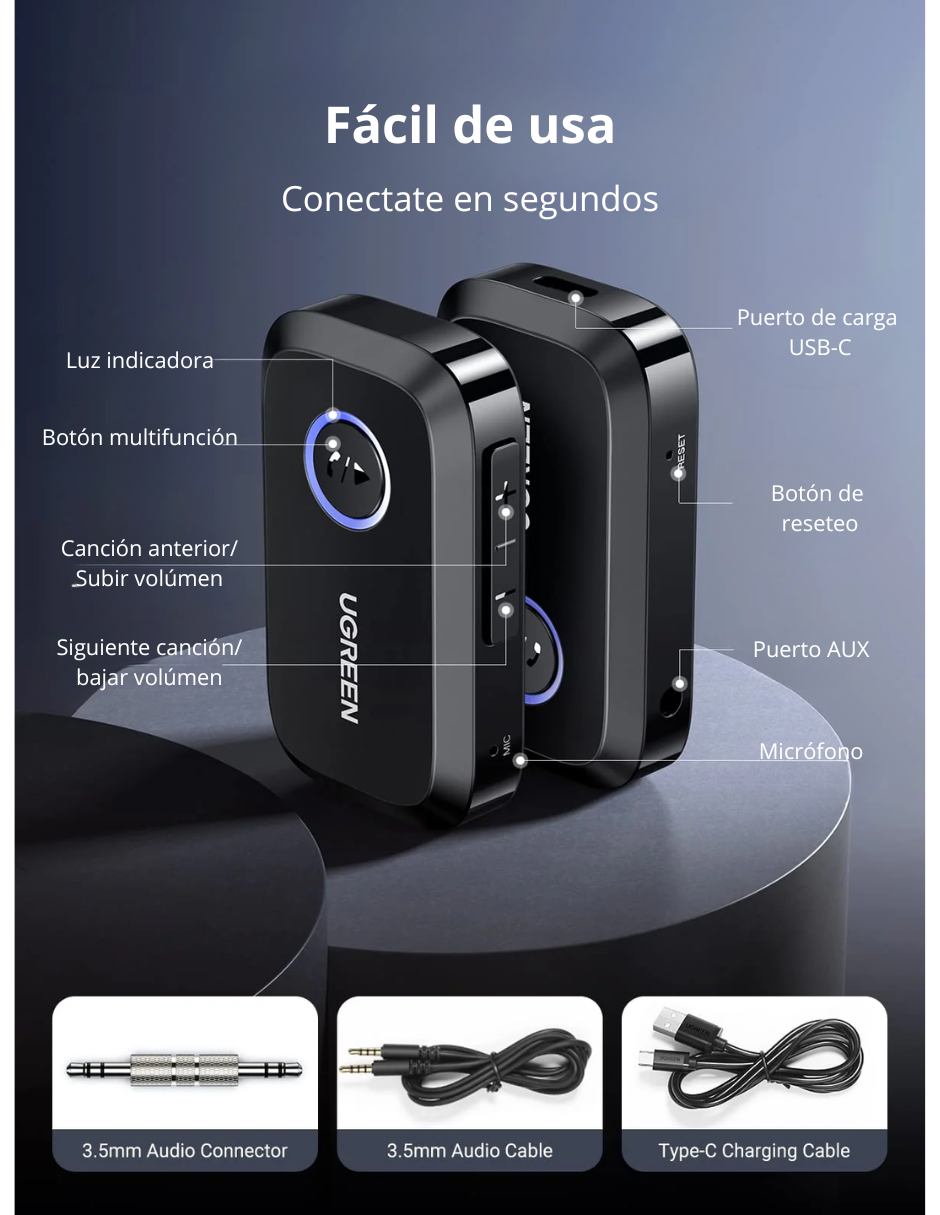 Adaptador Bluetooth 5.3 UGREEN con Conector AUX de 3.5 mm