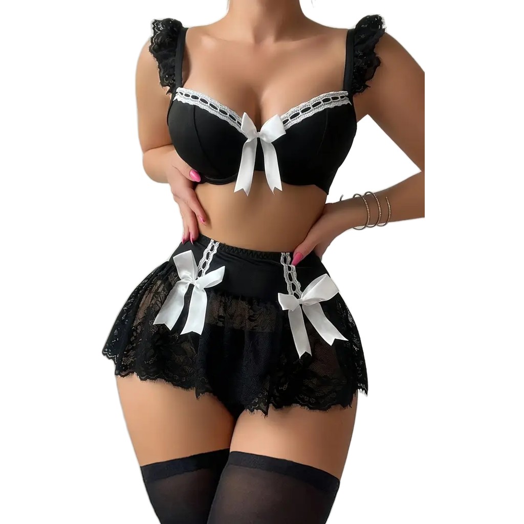 Lencería Sexy con Encaje Negro y Lazos Blancos, Conjunto Seductor Semitransparente Sirvienta, Babydoll